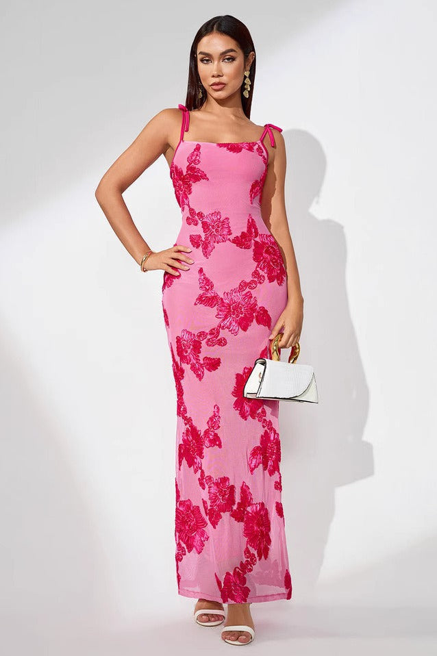 Elegant 3D Flowers Embroidery Mesh Floral Dress