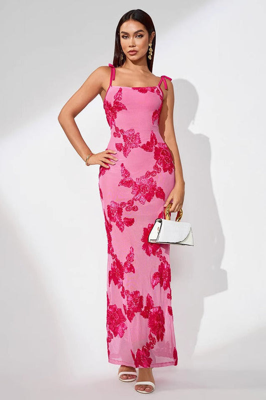 Elegant 3D Flowers Embroidery Mesh Floral Dress