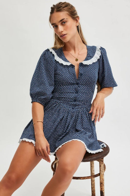 Ditsy Floral Peter Pan Collar Puff Sleeve Button Front Mini Dress