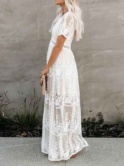 White Lace Boho Maxi Dress for Women - V Neck Short Sleeve Sheer Long Dress - Summer Beach Bridal Resort Wear 2026