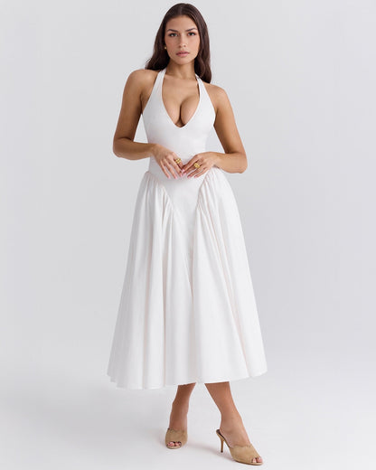 Women's V-Neck Corset Style Midi Dress – Sleeveless Elegant Fitted Tulle Dress