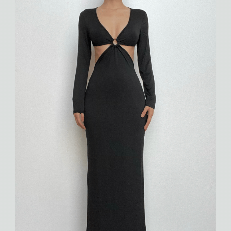 Solid o ring long sleeve v neck hollow out cut out maxi dress