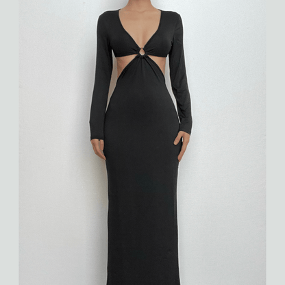 Solid o ring long sleeve v neck hollow out cut out maxi dress