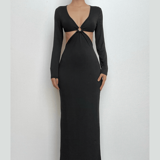 Solid o ring long sleeve v neck hollow out cut out maxi dress
