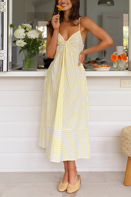 V Neck Lace-up Striped Midi Cami Dress