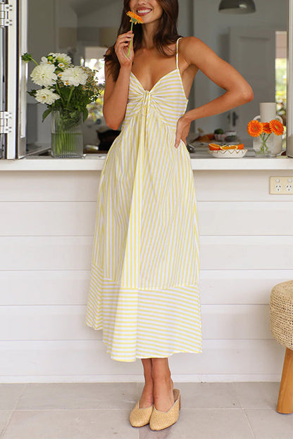 V Neck Lace-up Striped Midi Cami Dress