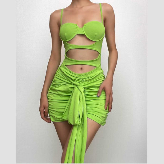 Hollow out solid ruched low cut self tie cami bodysuit mini skirt set-final-sale