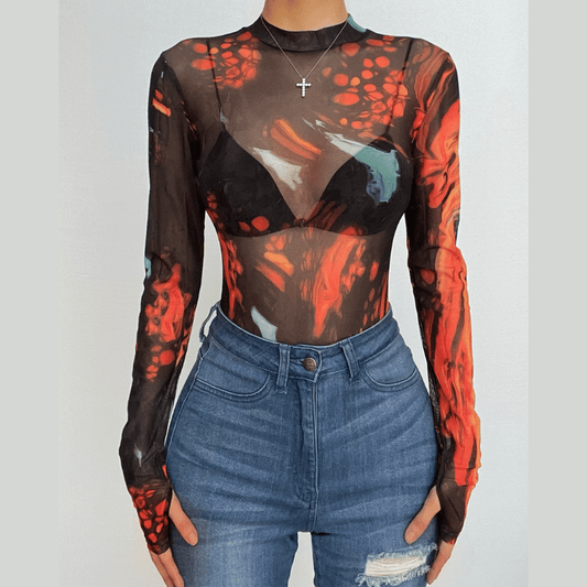 Sheer mesh long sleeve tie dye contrast gloves see through bodysuit