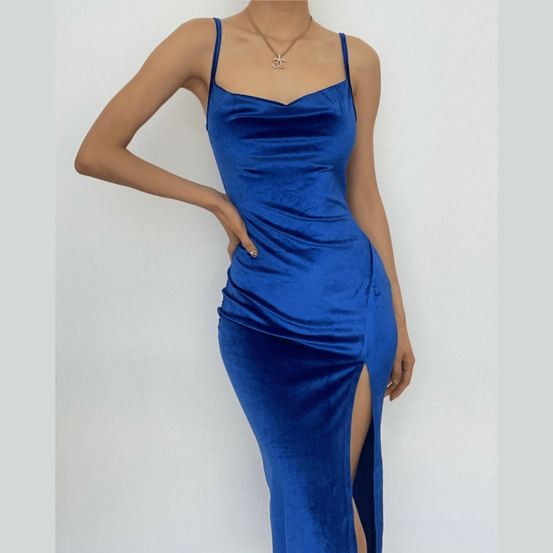 Spaghetti Strap Ruched Side Slit Velvet Bodycon Midi Dress