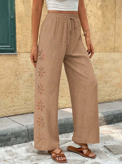Minimalist Style Drawstring Hollow-out Solid Color Loose Wide-leg Trousers