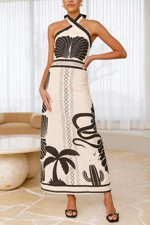 Palm Canyon Print Criss Cross Halter Maxi Dress