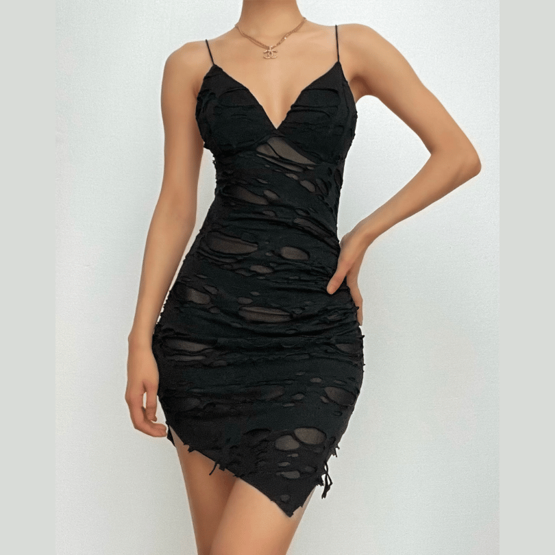 Distressed Ruched Mesh Insert Spaghetti Strap Mini Dress