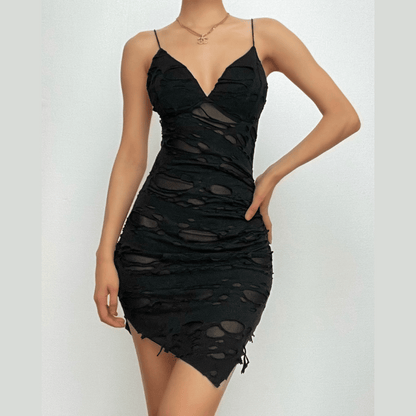 Distressed Ruched Mesh Insert Spaghetti Strap Mini Dress