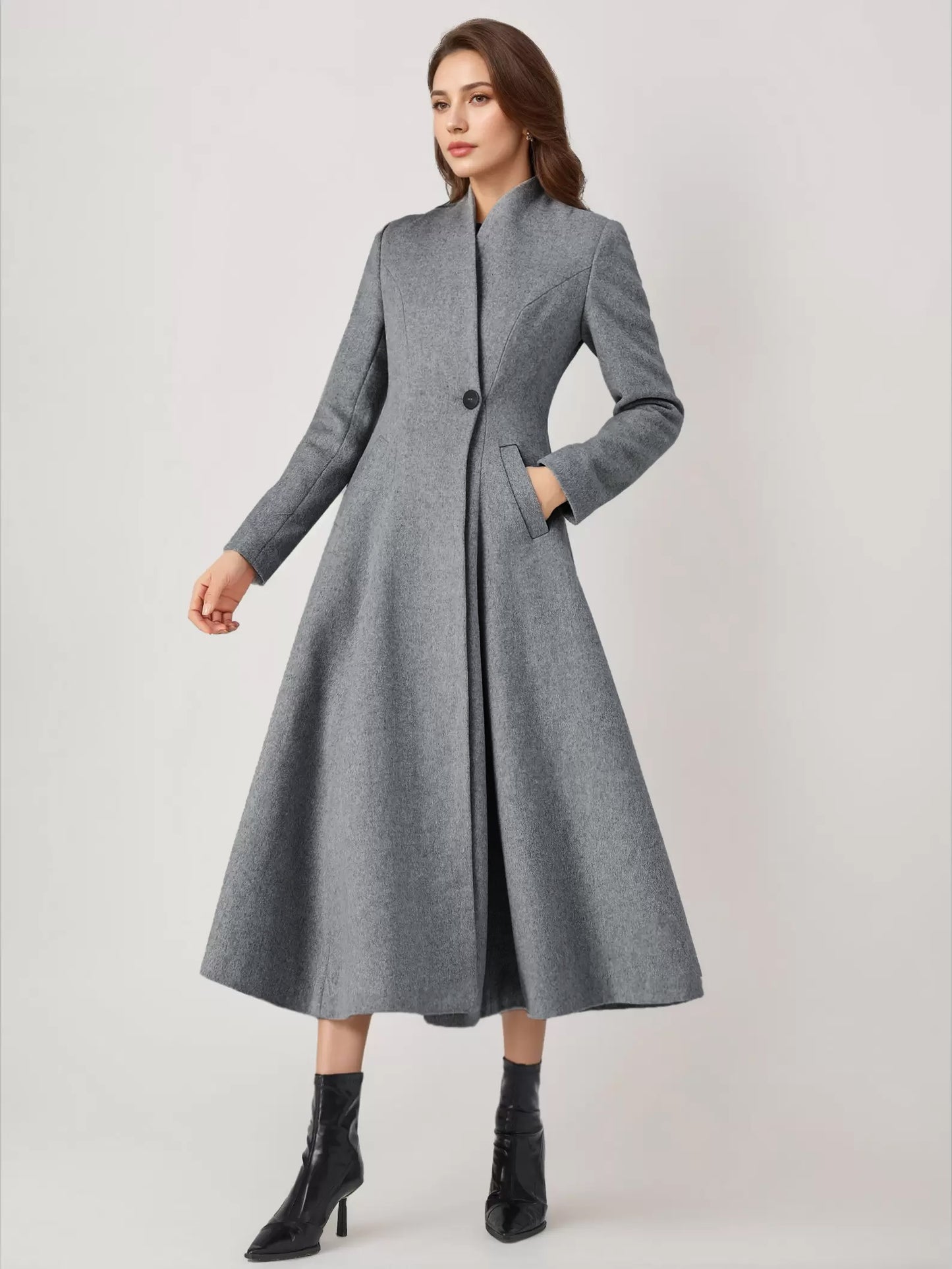 Wool Blend Flared Coat For Woman One Button Gray A-line Winter Midi Outerwear 2026