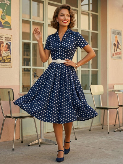 Retro Glamour Dress 1950s Style Turndown Collar Buttons Short Sleeves Polka Dot Swing Dress