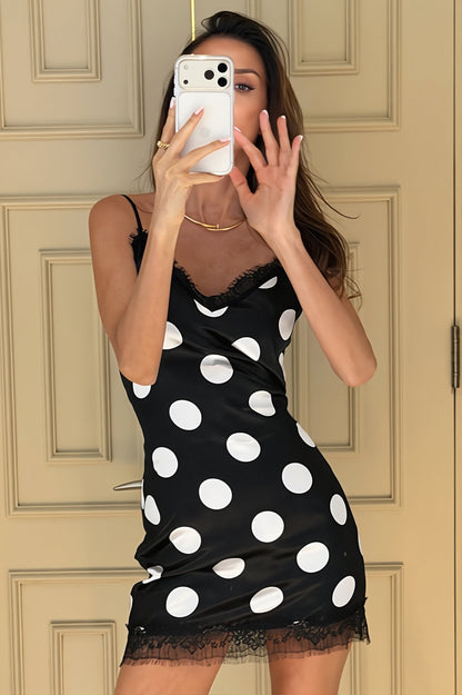 Satin Polka Dot Eyelash Lace Trim Spaghetti Strap Slip Mini Dress