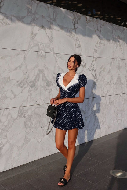 Polka Dot Lace Trim Peter Pan Collar Puff Sleeve Mini Dress