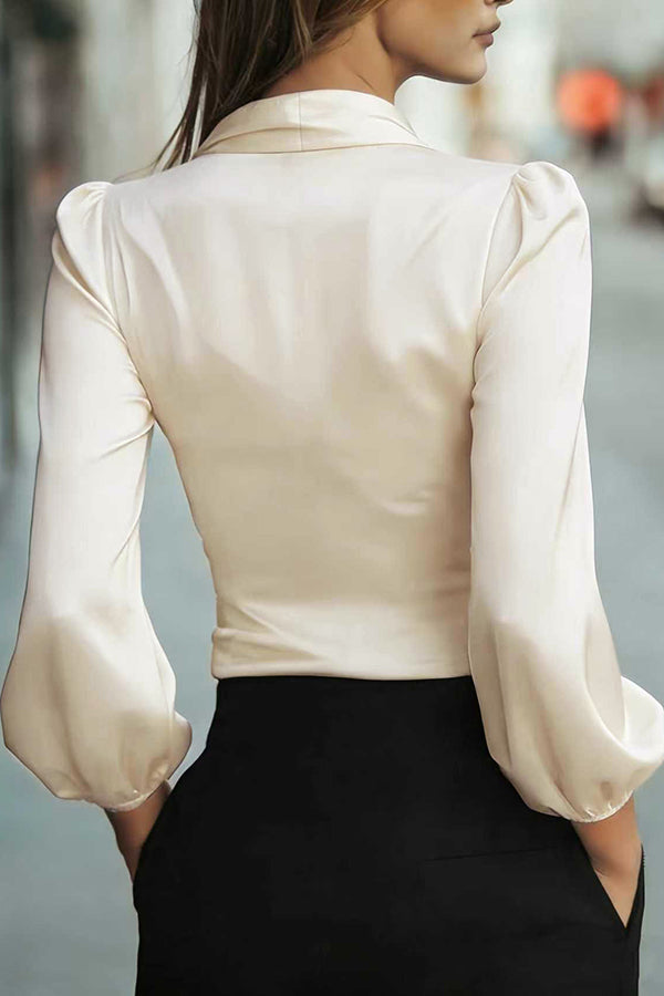 Satin V-neck Long-sleeved Casual Tie-waist Shirt