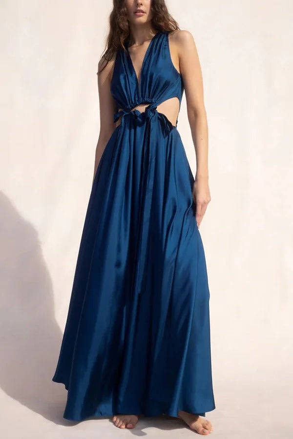 Midnight Charm Satin Ruched Cutout Tie-up Maxi Dress