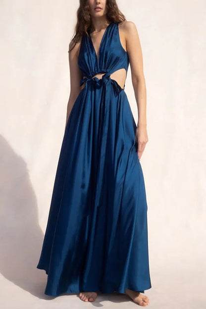 Midnight Charm Satin Ruched Cutout Tie-up Maxi Dress