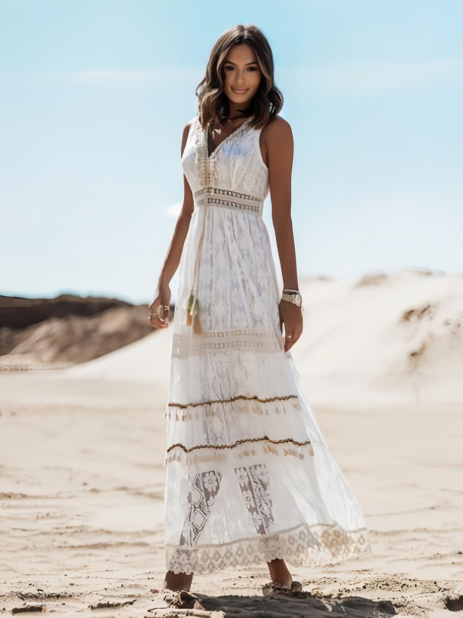 Lace Boho Maxi Dress For Women - Chic V Neck Sleeveless Hollow Out Sundress - Summer Beach Vacation 2026