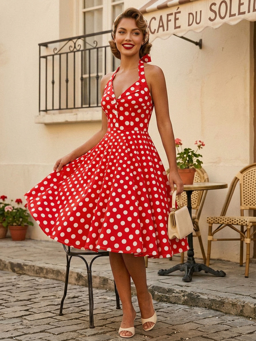 Vintage 1950s Polka Dot Midi Swing Dress for Women - Halter Neck A-Line Rockabilly Pinup Sun Dress - Holiday Picnic 2026