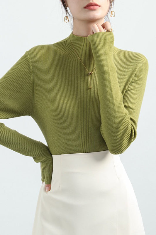 Elegant Apricot Mock Neck Long-Sleeve Pullover Knit Top