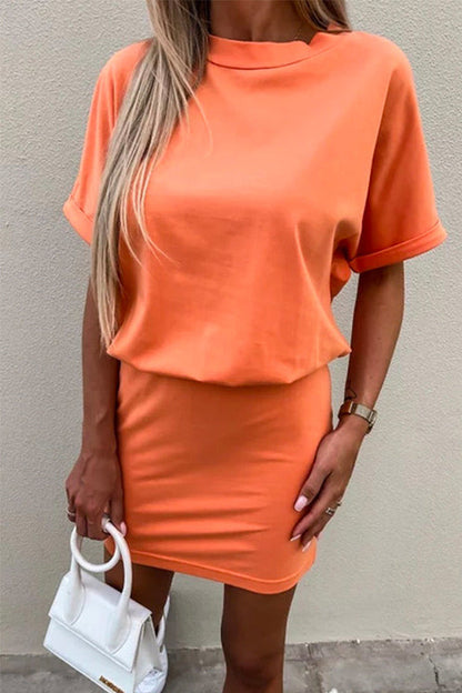 Crewneck Short Sleeve Waisted Solid Mini Dress