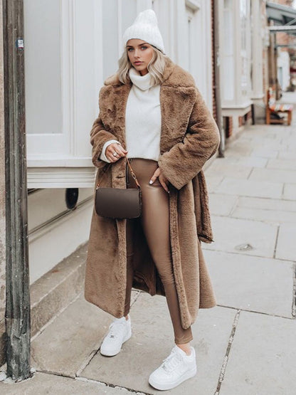 Longline Fux Fur Coat Notched Lapel Belted Eco-friendly Winter Jacket 2026