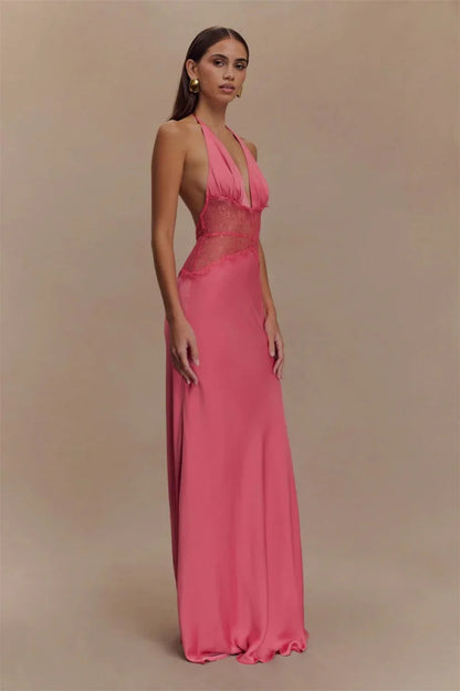 Lace Patchwork Backless Halter Boho Dress