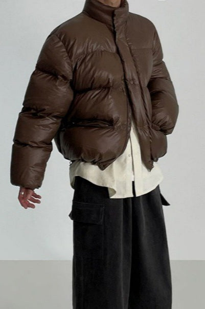 Classic Collar Cropped Solid Puffer Jacket