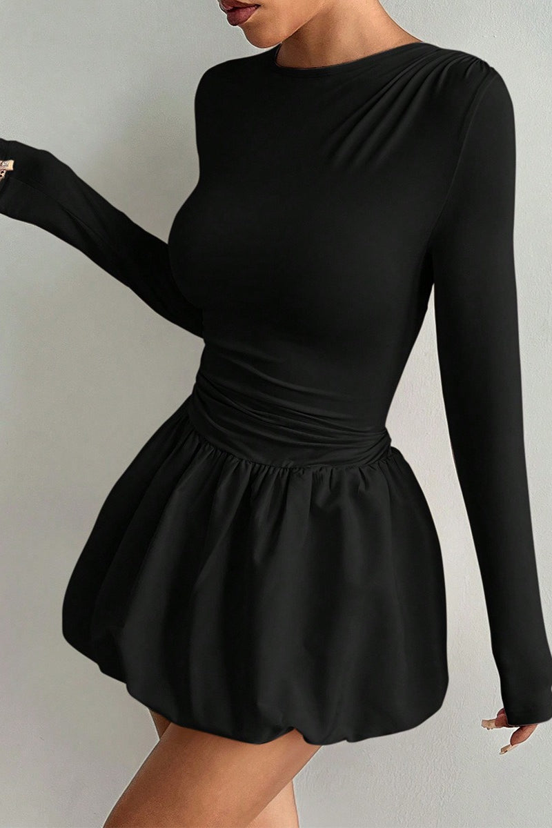 Round Neck Long Sleeve Ruched Waist Bubble Hem Mini Dress