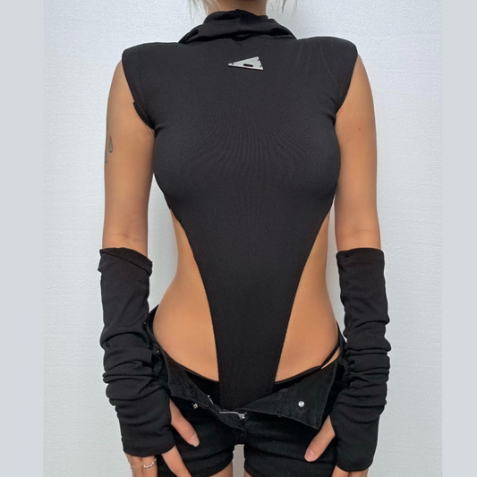 Cap sleeve solid gloves metal tag hoodie button bodysuit