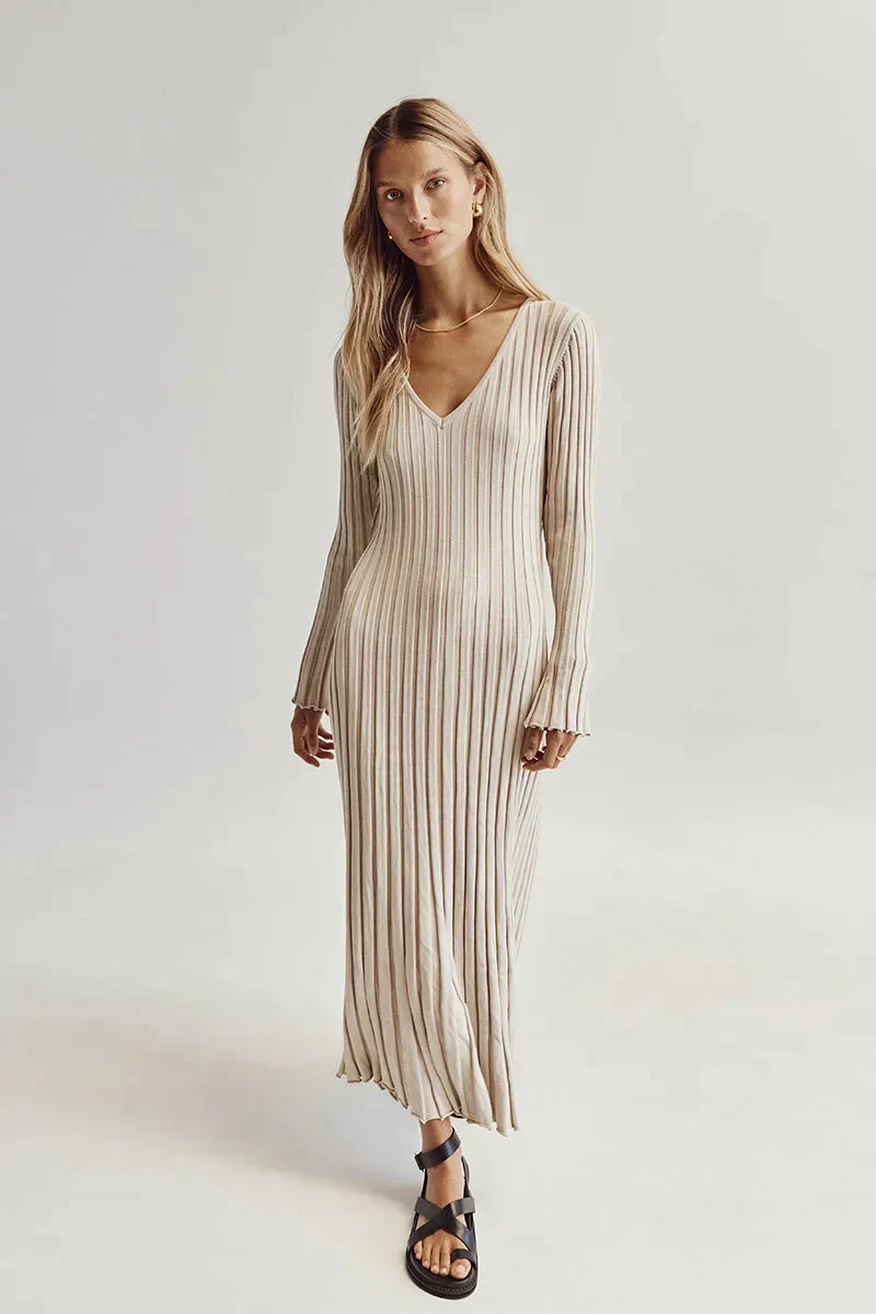 Rib Knit V-Neck Lettuce Edge Cuff Bodycon Maxi Dress