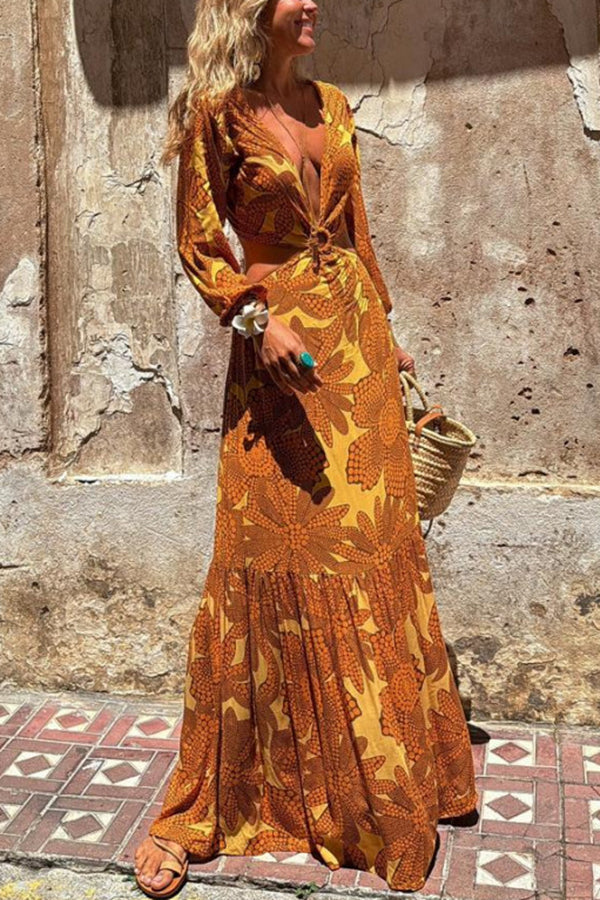 Sunflower Print Ring Cutout Waist Long Sleeve Maxi Dress