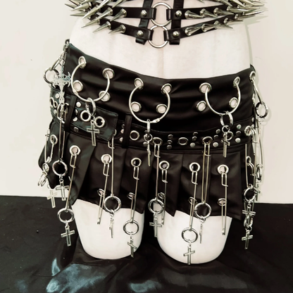 Metal chain rivet applique corset pleated mini skirt set