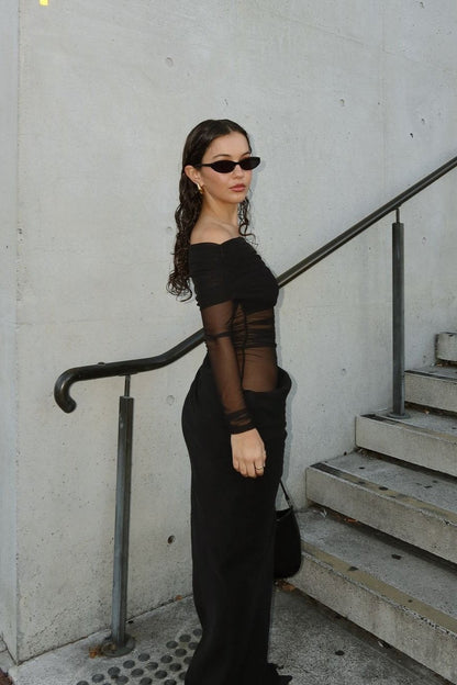 Obsidian Veil - Off-Shoulder Mesh Drape Dress