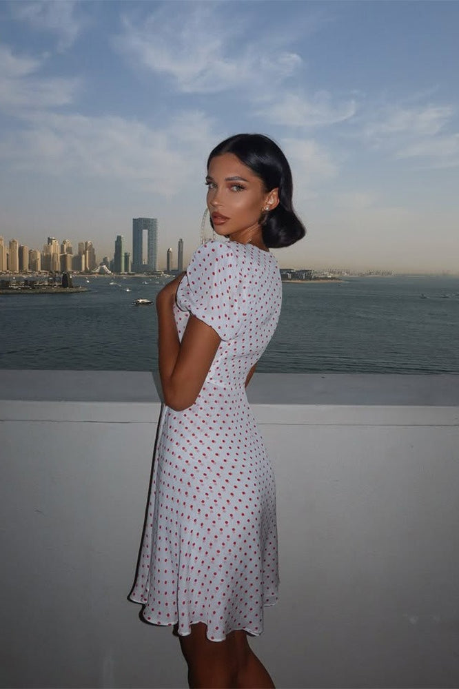 Polka Dot Tie Front Puff Sleeve V-Neck A-Line Mini Dress