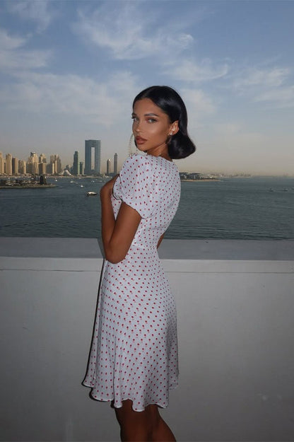 Polka Dot Tie Front Puff Sleeve V-Neck A-Line Mini Dress