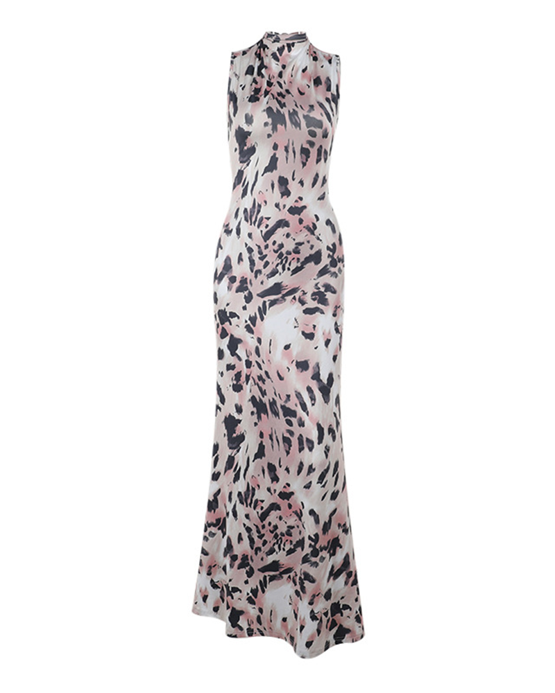 Elegant Slim Leopard Print High-Neck Backless Dress