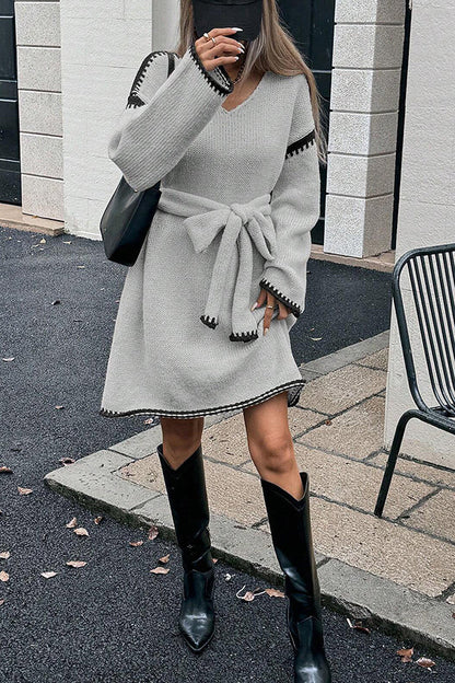 Stylish Loose-fitting Long-sleeved Tie-waist Knit Mini Dress