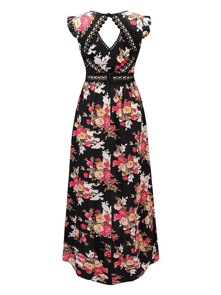 Black Floral Boho Maxi Dress for Women - High Low Hem Open Back Crochet Waist Long Dress - Summer Date Night Outfits 2026