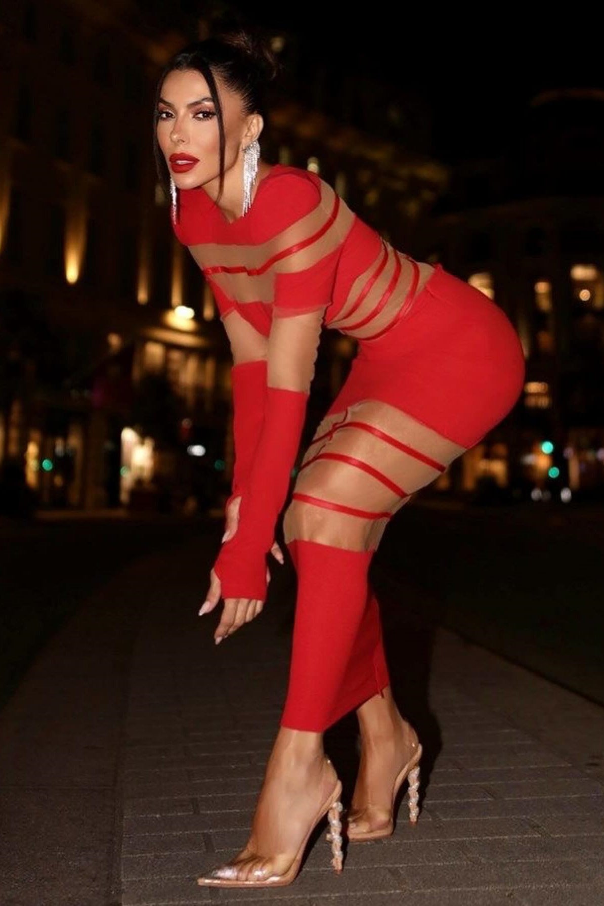 Kelly Long Sleeve Sheer Spliced Midi Dress