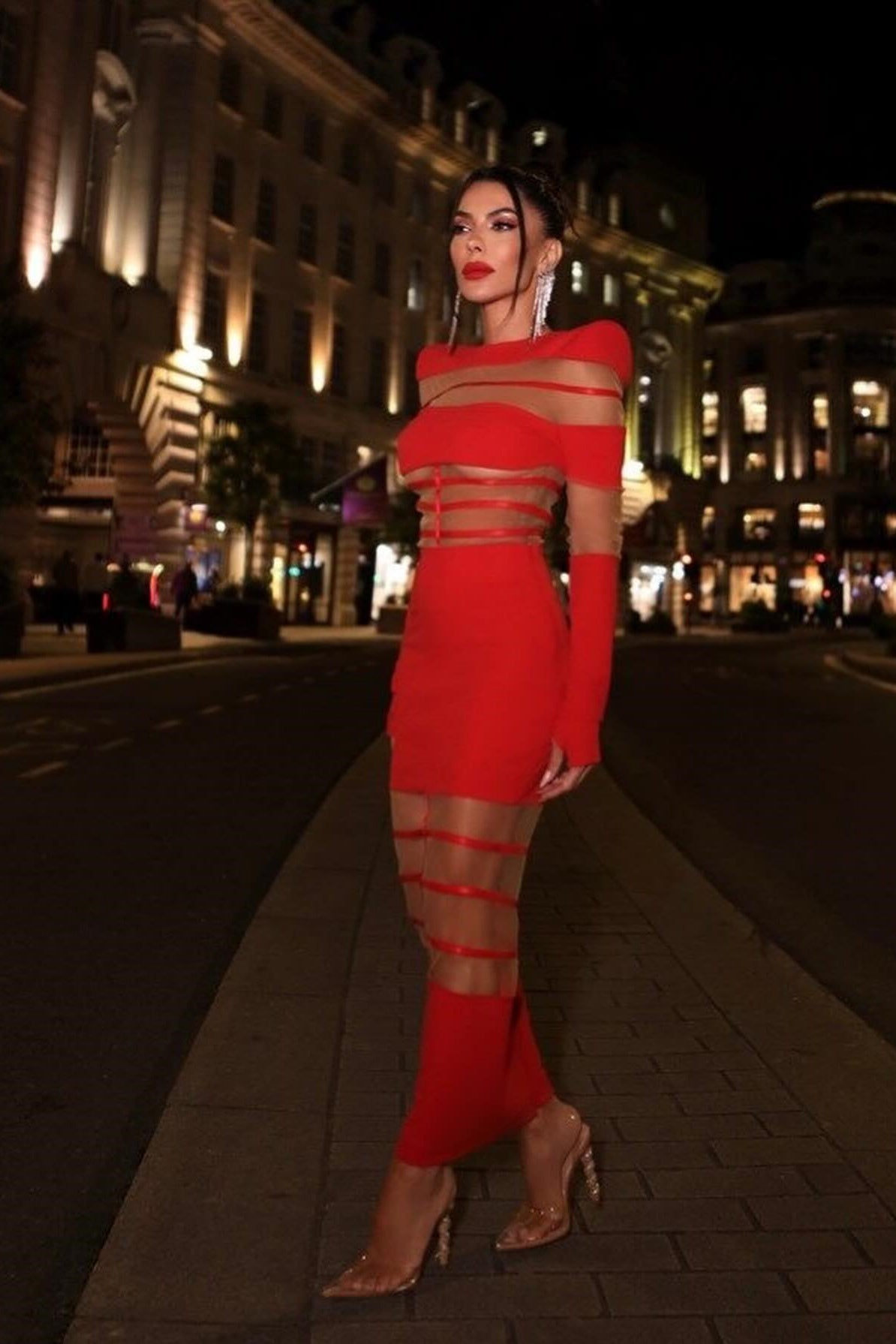 Kelly Long Sleeve Sheer Spliced Midi Dress