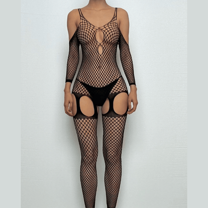 Fishnet hollow out off shoulder open crotch bodystocking