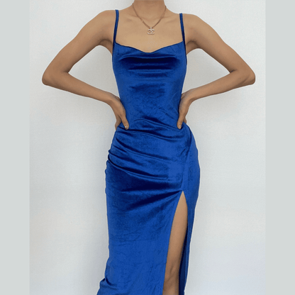 Spaghetti Strap Ruched Side Slit Velvet Bodycon Midi Dress