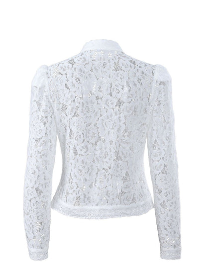 Lace Crochet Stand Collar Slim-fit Long Sleeve Sheer Top