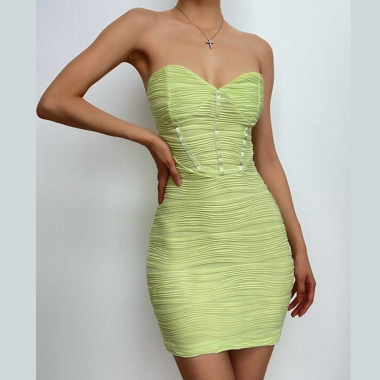 Strapless Sweetheart Neck Corset Boning Horizontal Ruched Bodycon Mini Dress