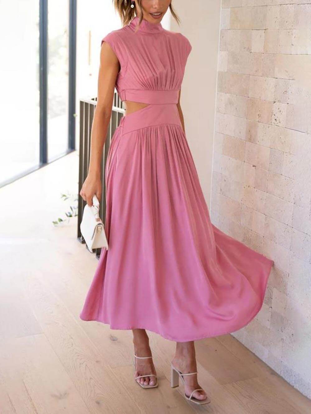 Mock Neck Sleeveless Waist Cutout Pocketed A-Line Midi Dress