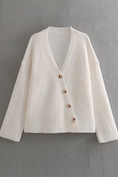 V Neck Button Up Solid Loose Sweater